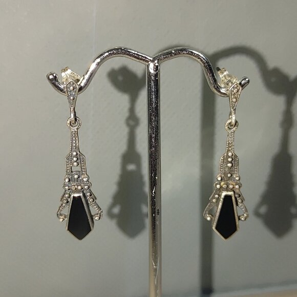 Antique Dangle Earrings  Black Onyx Post Back Art Deco Sterling Silver Victorian - Picture 2 of 11